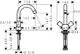 Waschtischarmatur mit zwei Griffen von Hansgrohe, mit einem geschwungenen Auslauf und Befestigungsmaterial. Diagramm mit Maßangaben ist abgebildet.